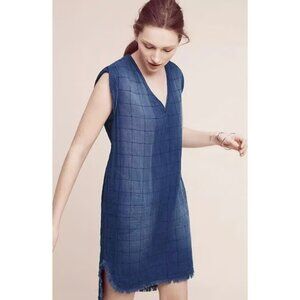 Anthropologie Cloth & Stone Quilted Frey Hem Denim Shift Dress Womens Size L